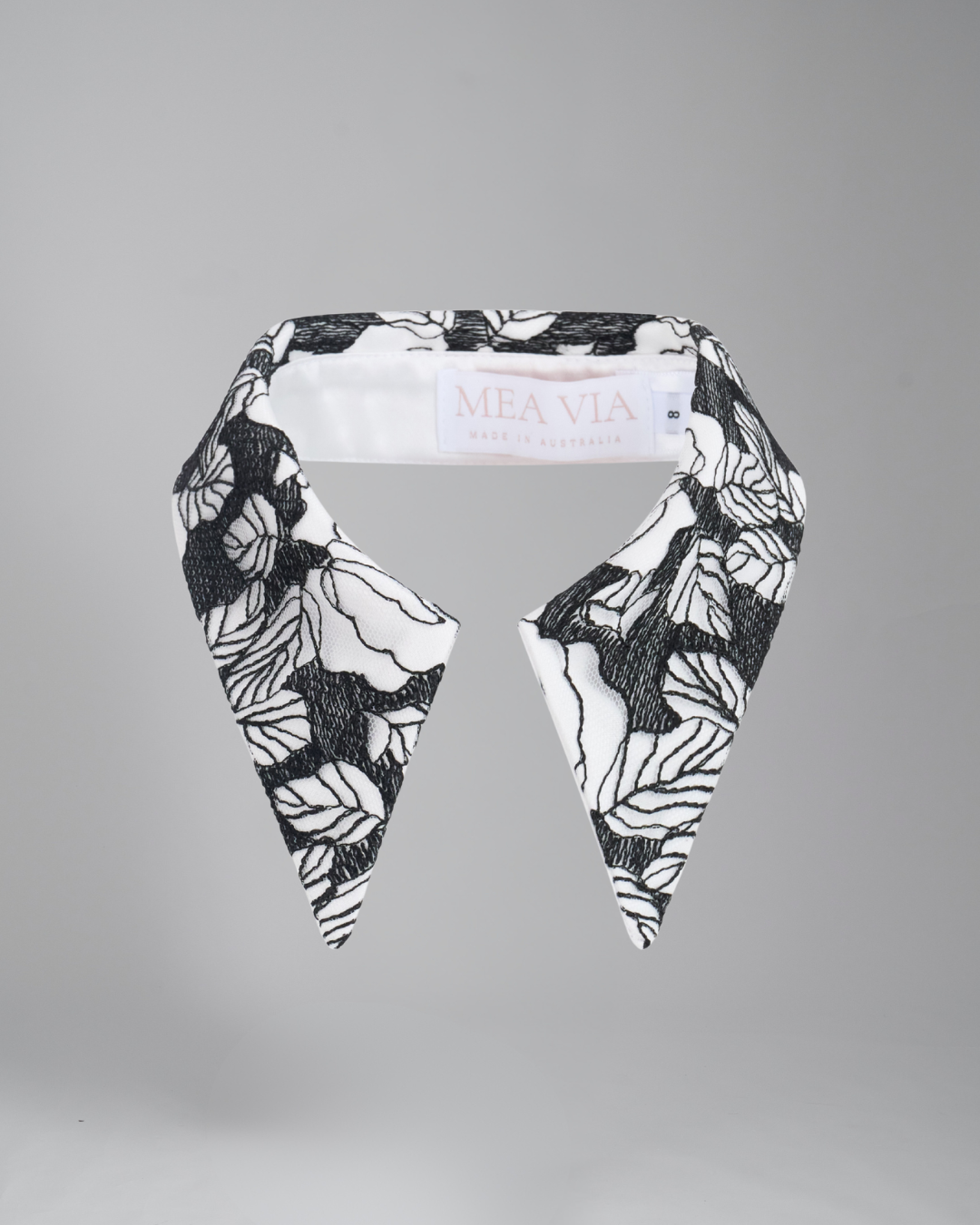Long Pointed Detachable Collar | Black Flower Lace on White Satin