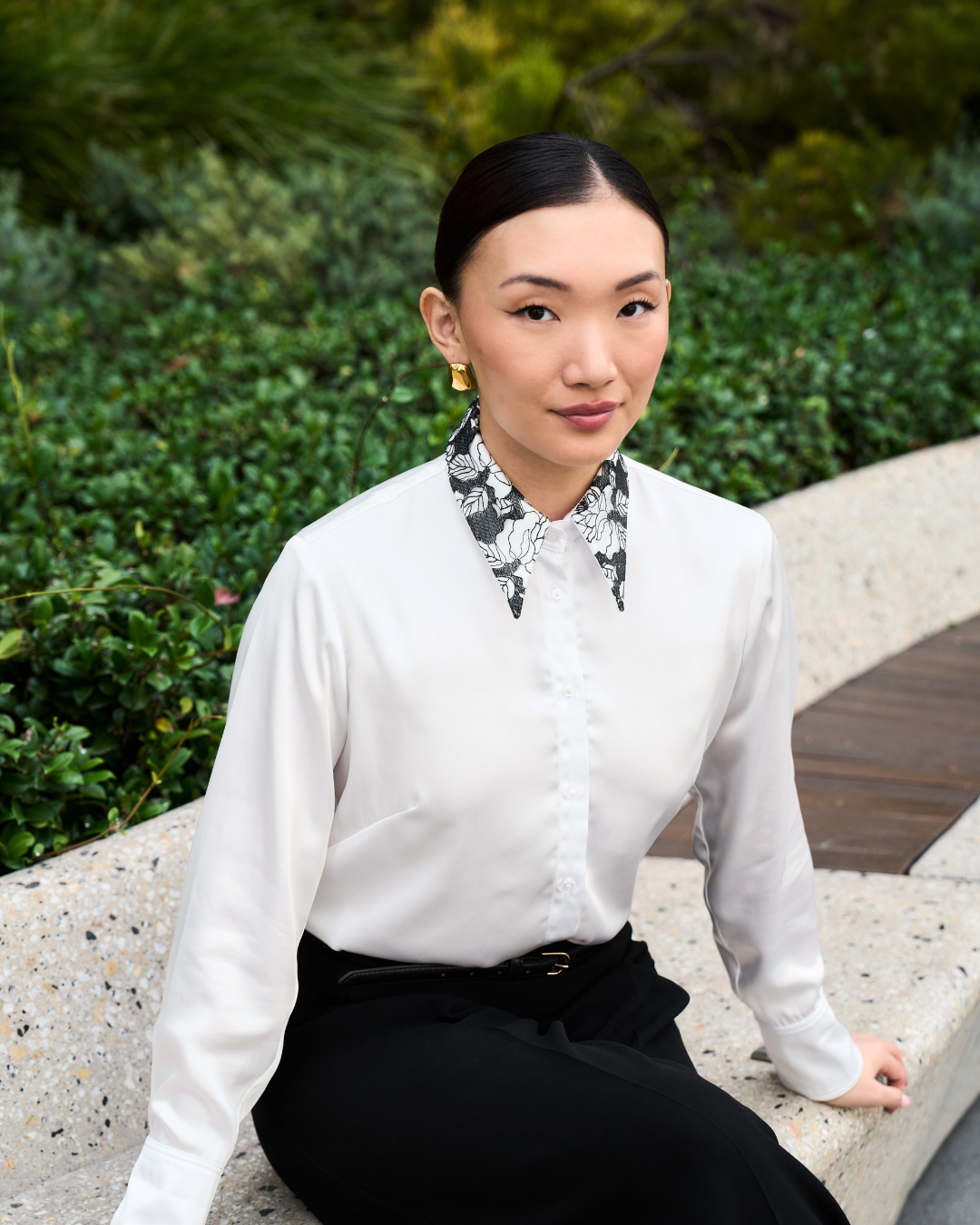 Long Pointed Detachable Collar | Black Flower Lace on White Satin
