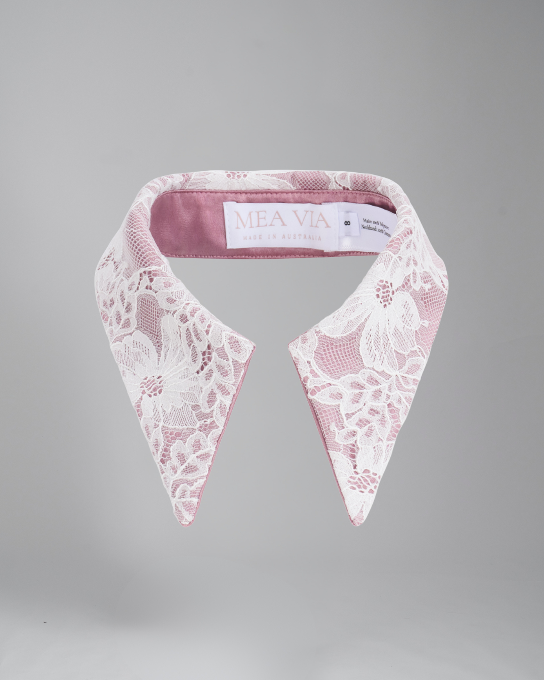Long Pointed Detachable Collar | White Flower Lace on Blush Satin