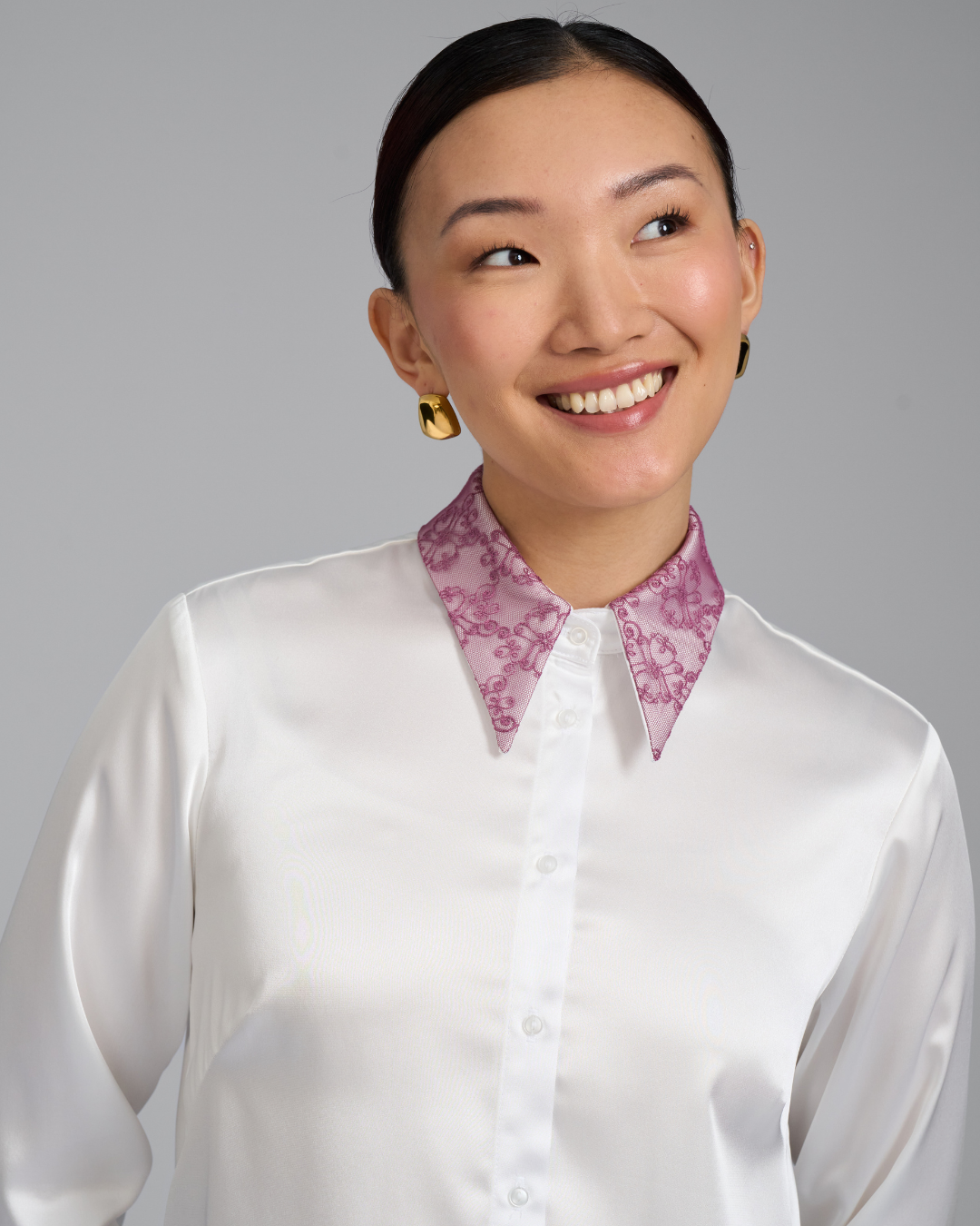 Long Pointed Detachable Collar | Blush Swirl Lace on White Satin