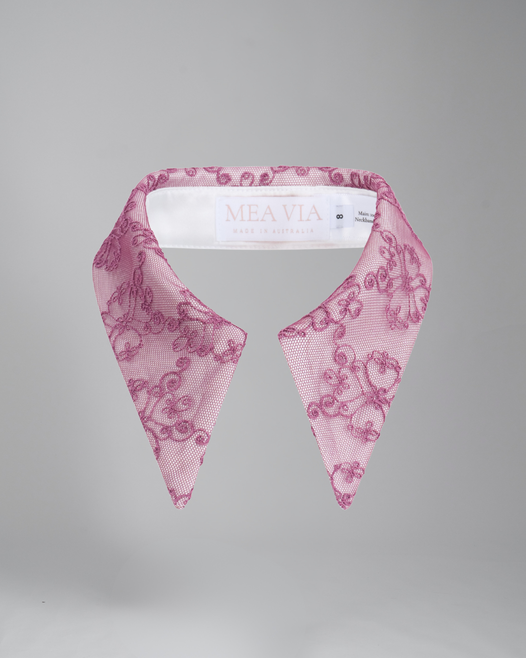 Long Pointed Detachable Collar | Blush Swirl Lace on White Satin
